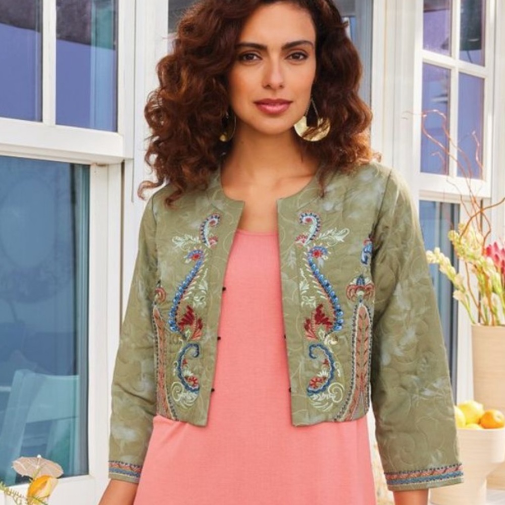 Soft Surroundings  D’oro Bolero Jacket in ‘Olive Desert Multi’